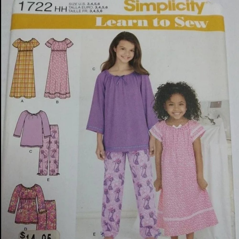 Simplicity 1722 Learn to Sew Girls Pajamas & Nightgowns Size 3-4-5-6